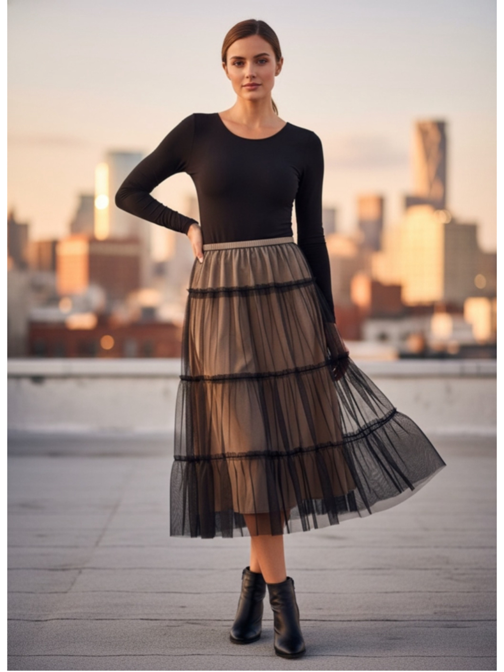 Nine West Black Beige Mesh Tiered Midi Skirt Size S